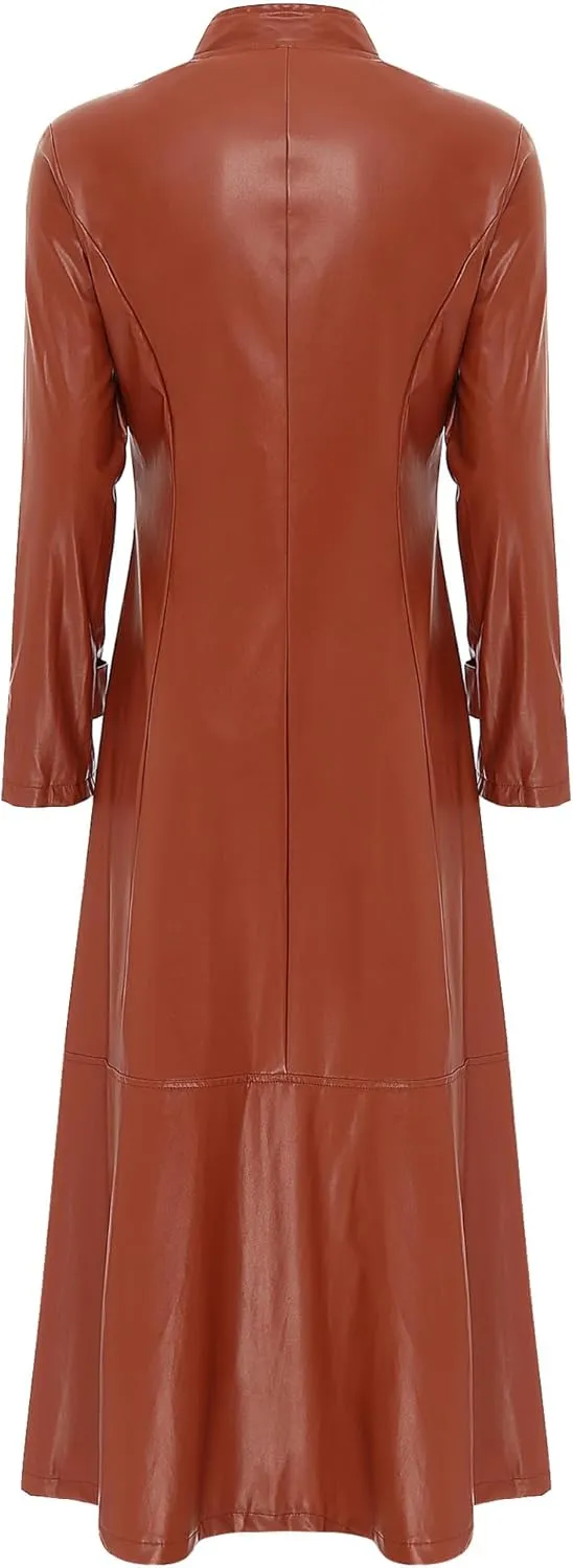 Linjinx Women's Faux Leather Jacket Trench Coat Steampunk Vintage Full Zipper Ankle Length Dress