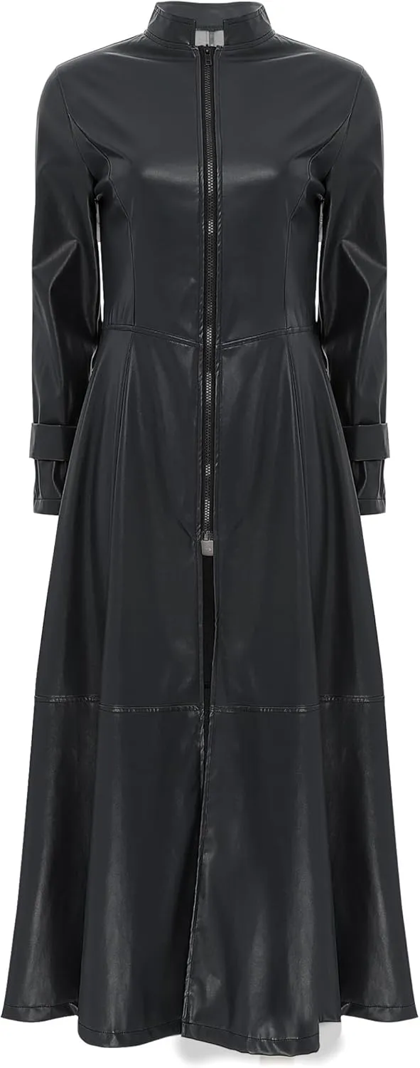 Linjinx Women's Faux Leather Jacket Trench Coat Steampunk Vintage Full Zipper Ankle Length Dress