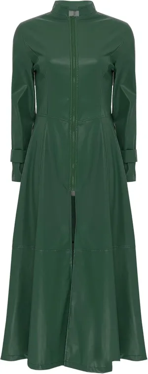 Linjinx Women's Faux Leather Jacket Trench Coat Steampunk Vintage Full Zipper Ankle Length Dress