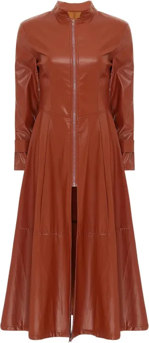 Linjinx Women's Faux Leather Jacket Trench Coat Steampunk Vintage Full Zipper Ankle Length Dress