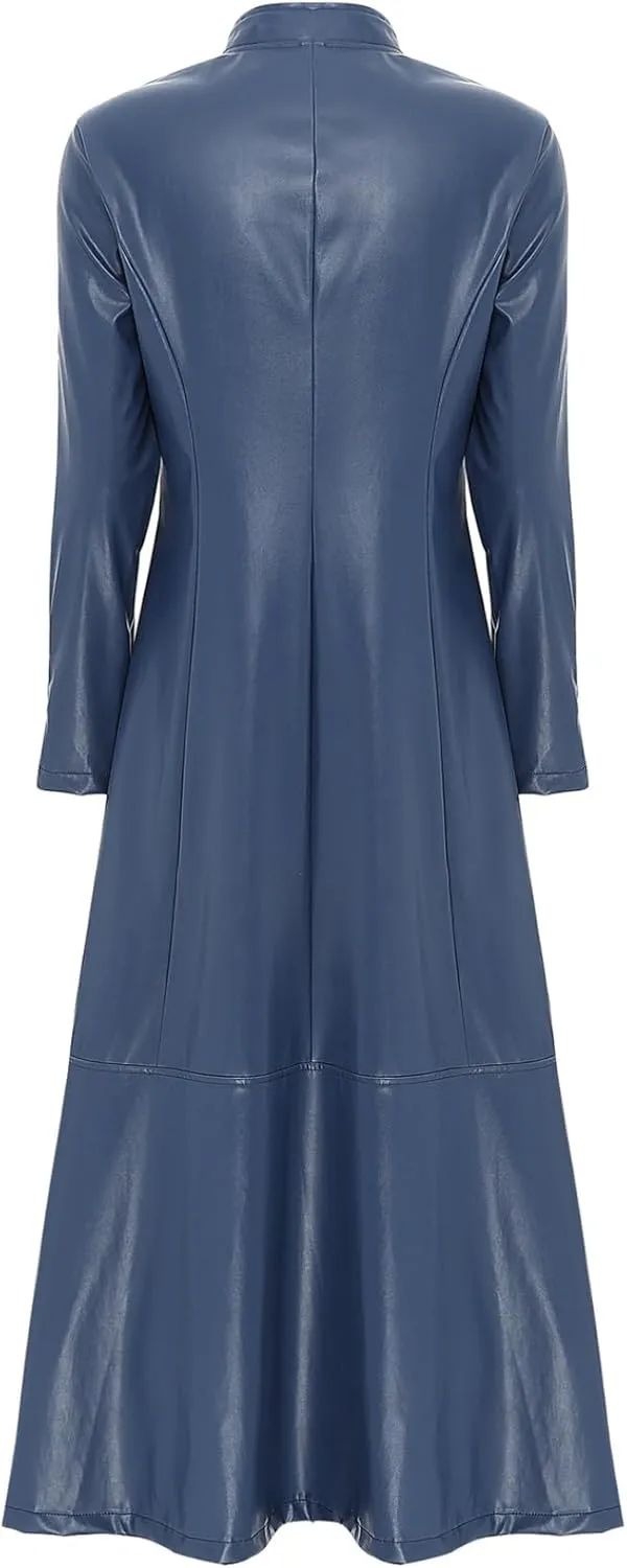 Linjinx Women's Faux Leather Jacket Trench Coat Steampunk Vintage Full Zipper Ankle Length Dress