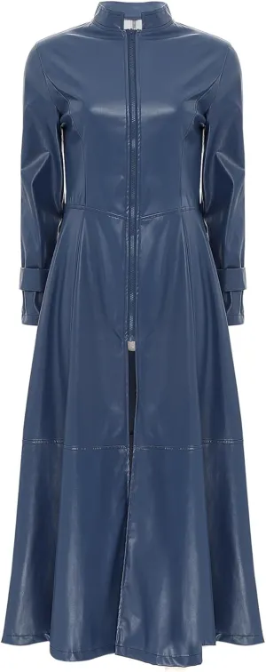 Linjinx Women's Faux Leather Jacket Trench Coat Steampunk Vintage Full Zipper Ankle Length Dress