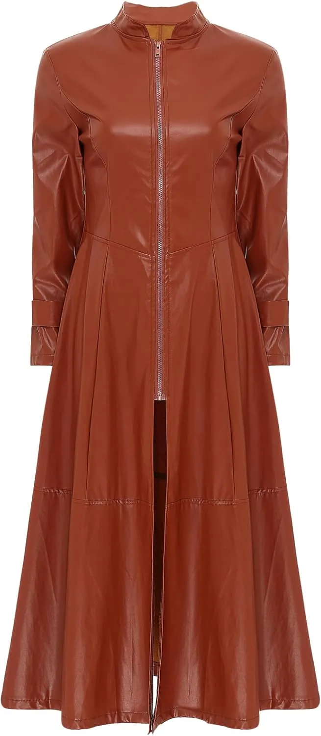 Linjinx Women's Faux Leather Jacket Trench Coat Steampunk Vintage Full Zipper Ankle Length Dress