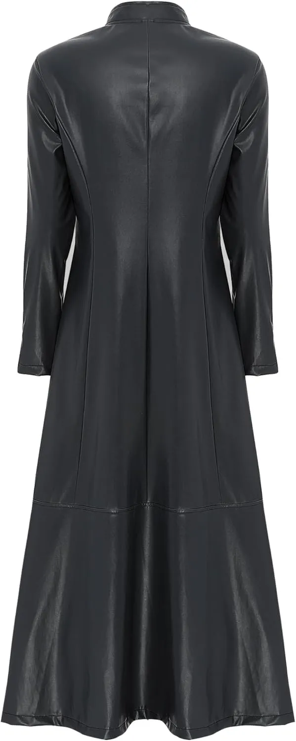 Linjinx Women's Faux Leather Jacket Trench Coat Steampunk Vintage Full Zipper Ankle Length Dress
