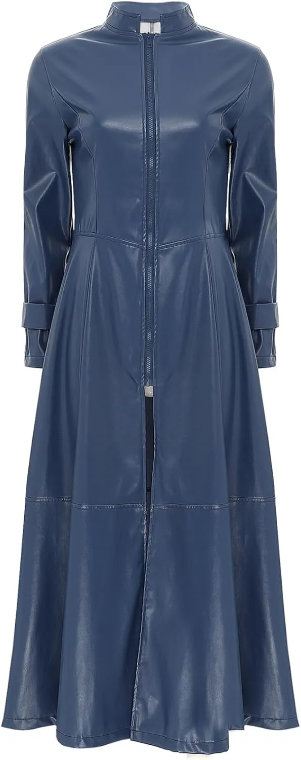Linjinx Women's Faux Leather Jacket Trench Coat Steampunk Vintage Full Zipper Ankle Length Dress