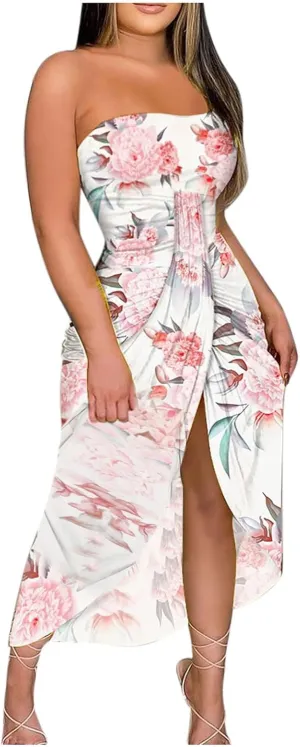 LOAIHA Summer Beach Strapless Dress for Women Boho Floral Maxi Tube Dress Sexy Vacation Ruched Asymmetrical Bandeau Sundress