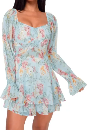 LYANER Women's Floral Print Off Shoulder Long Sleeve Ruffle Hem Romper Short Jumpsuit