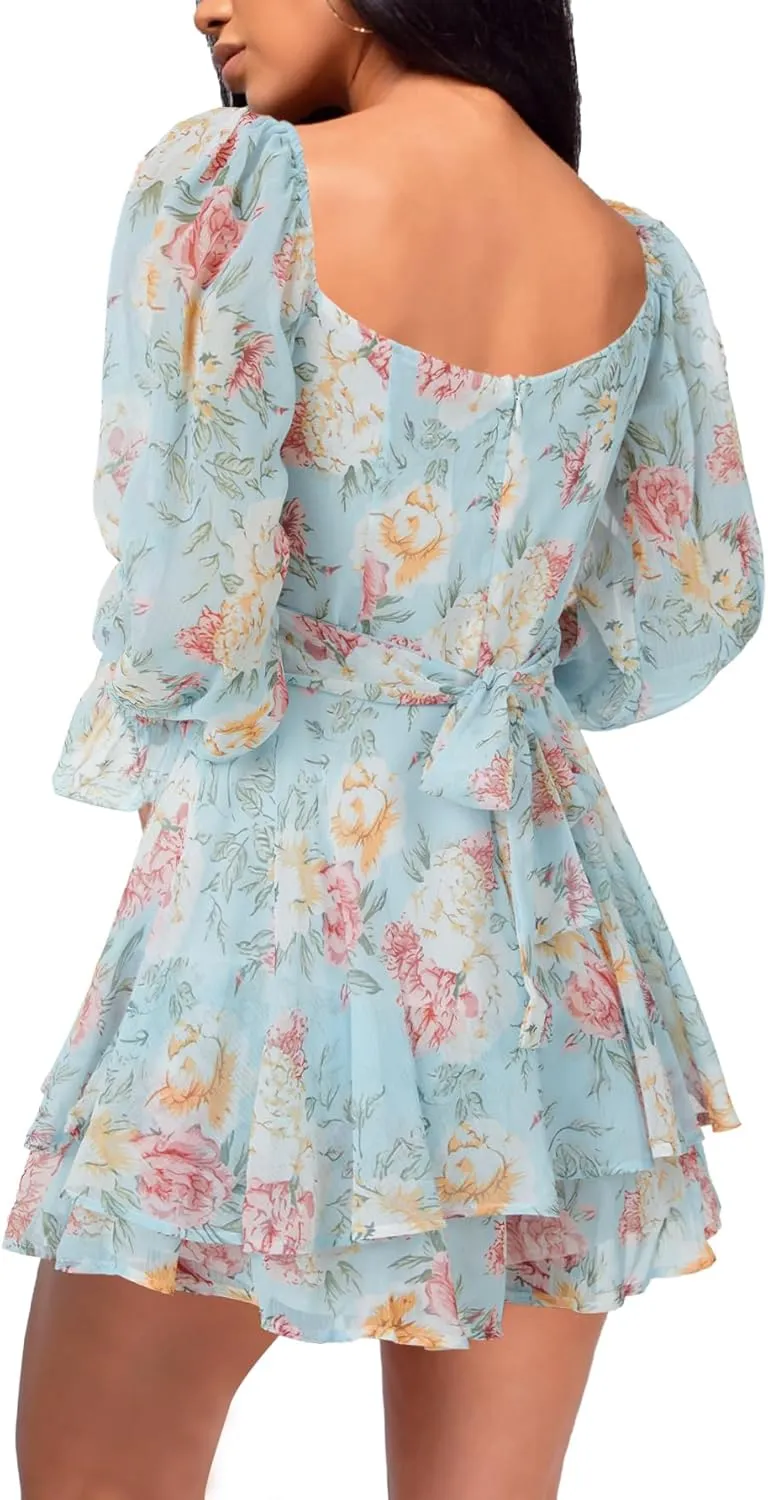 LYANER Women's Floral Print Off Shoulder Long Sleeve Ruffle Hem Romper Short Jumpsuit