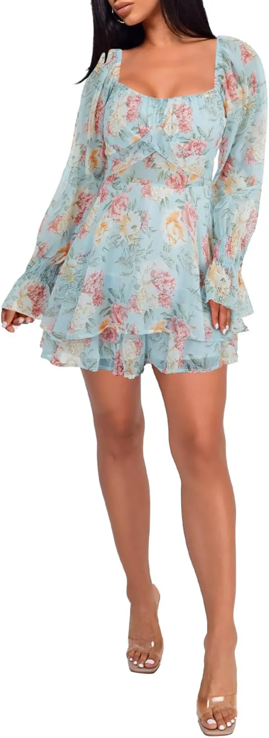 LYANER Women's Floral Print Off Shoulder Long Sleeve Ruffle Hem Romper Short Jumpsuit