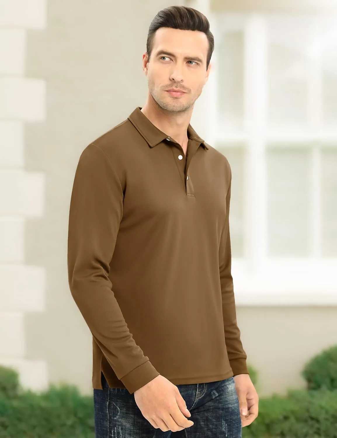 MAGCOMSEN Men's Polo Shirt Long Sleeve Golf Shirts Quick Dry Lightweight 3-Button Performance Work Fishing Athletic