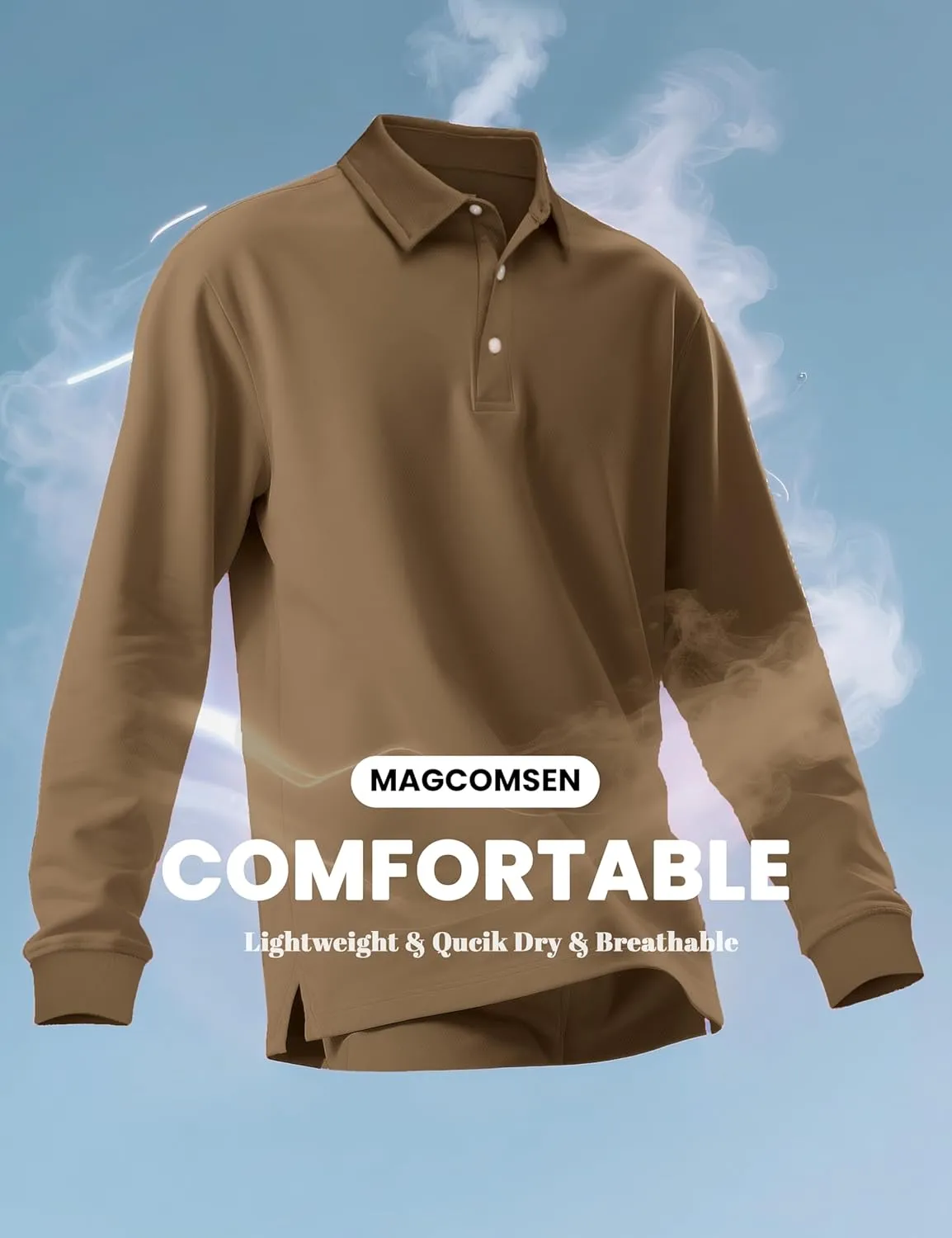 MAGCOMSEN Men's Polo Shirt Long Sleeve Golf Shirts Quick Dry Lightweight 3-Button Performance Work Fishing Athletic