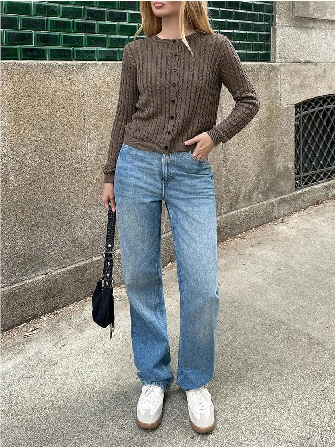 MakeMeChic Women's Cable Knit Button Down Cropped Cardigan Sweater Long Sleeve Crew Neck Knit Tops