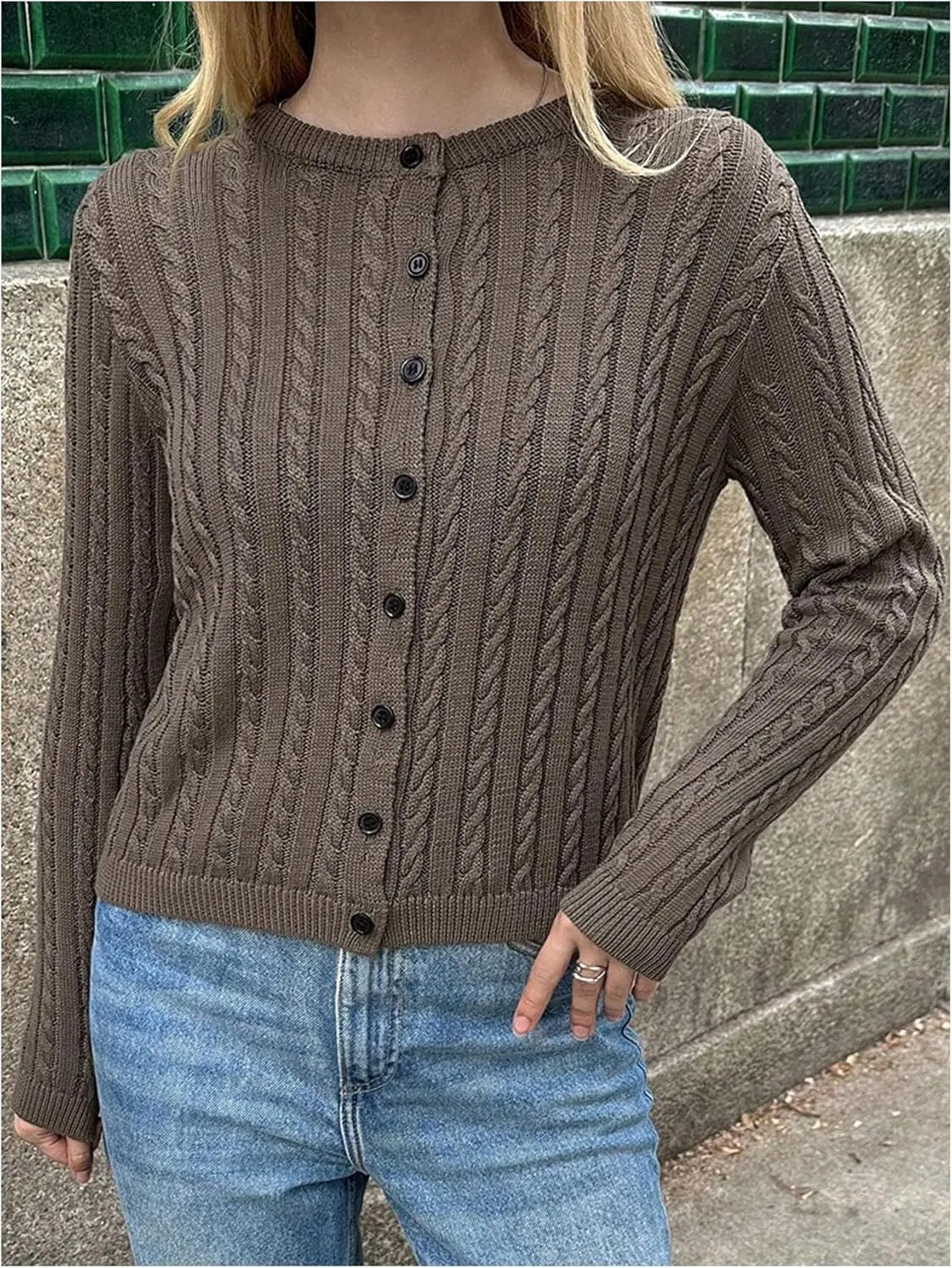 MakeMeChic Women's Cable Knit Button Down Cropped Cardigan Sweater Long Sleeve Crew Neck Knit Tops