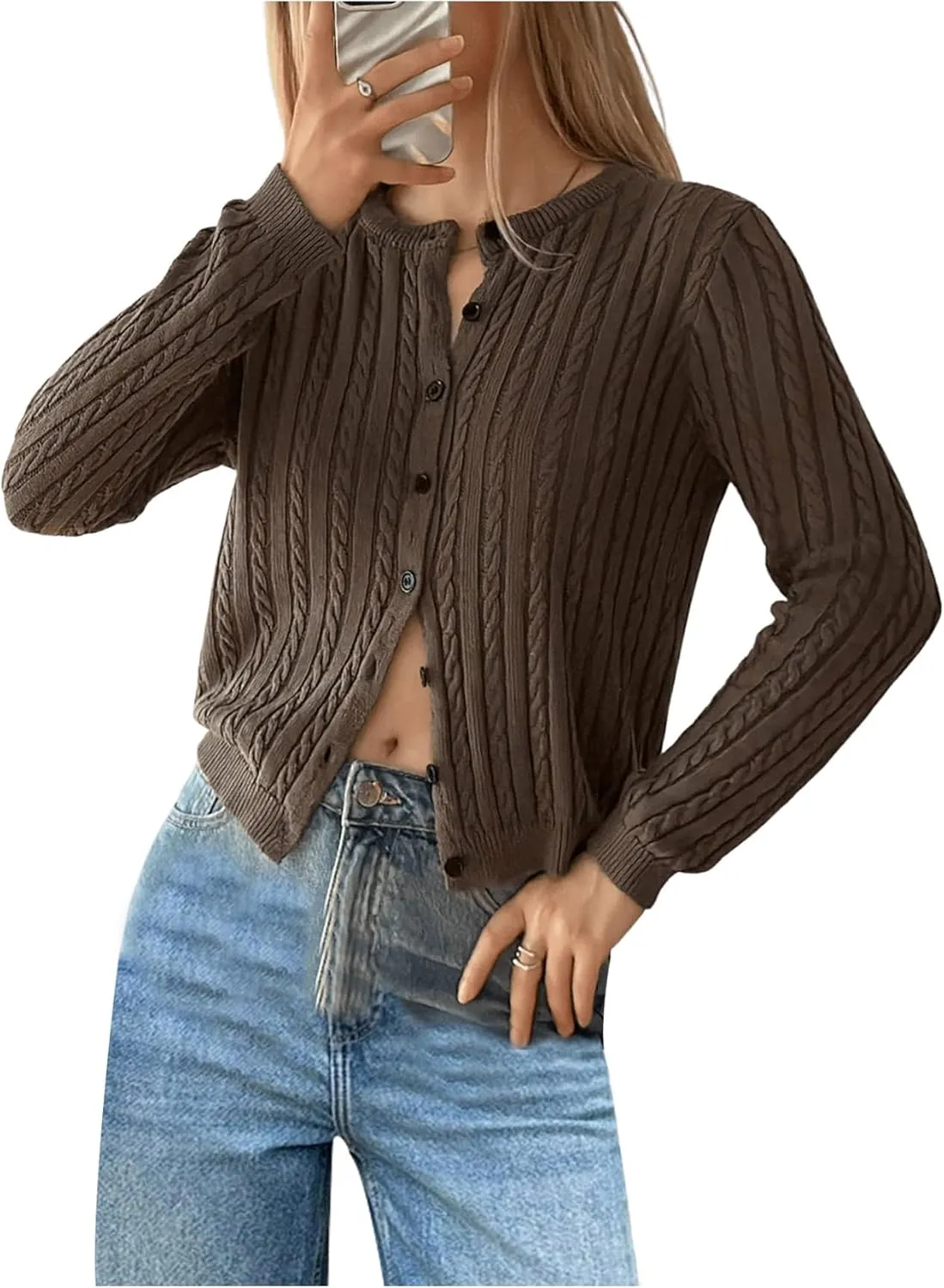 MakeMeChic Women's Cable Knit Button Down Cropped Cardigan Sweater Long Sleeve Crew Neck Knit Tops