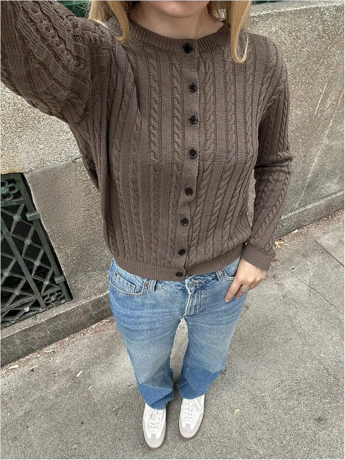 MakeMeChic Women's Cable Knit Button Down Cropped Cardigan Sweater Long Sleeve Crew Neck Knit Tops