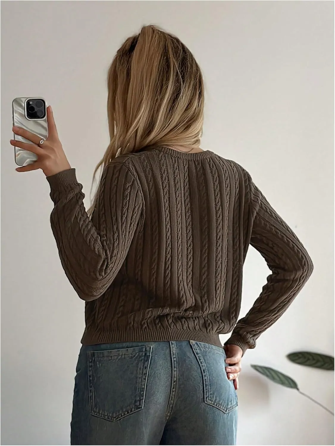 MakeMeChic Women's Cable Knit Button Down Cropped Cardigan Sweater Long Sleeve Crew Neck Knit Tops