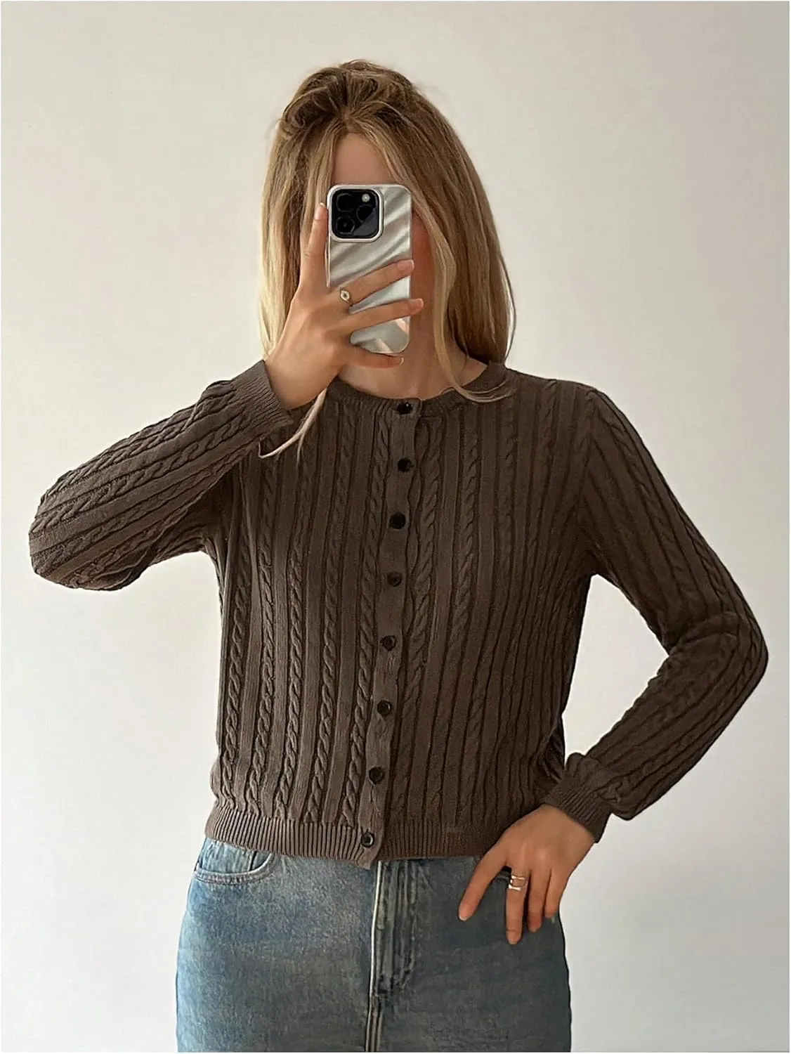 MakeMeChic Women's Cable Knit Button Down Cropped Cardigan Sweater Long Sleeve Crew Neck Knit Tops