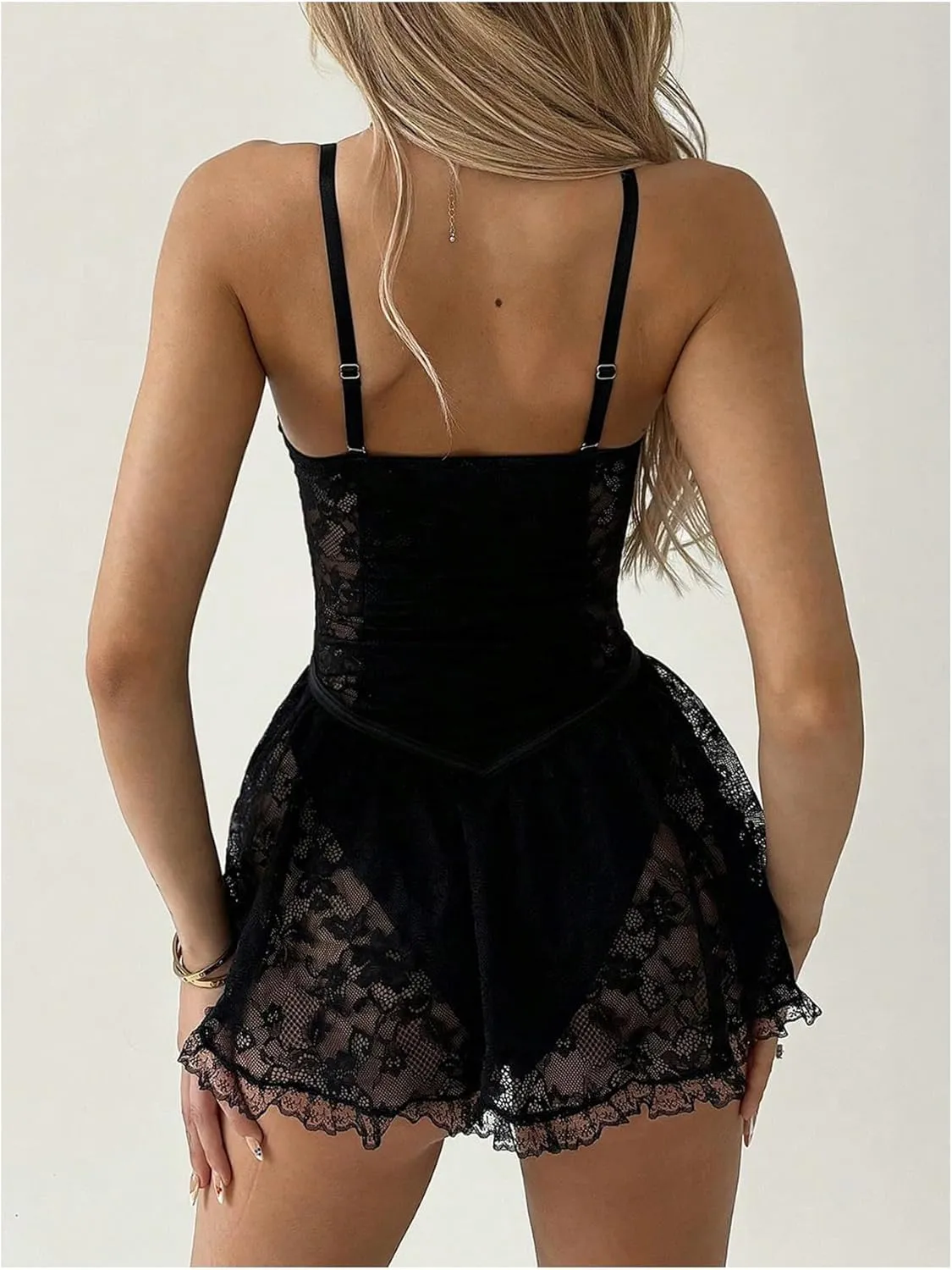 MakeMeChic Women's Floral Lace Corset Cami Dress Spaghetti Strap Ruffle Hem Y2K Mini Dresses