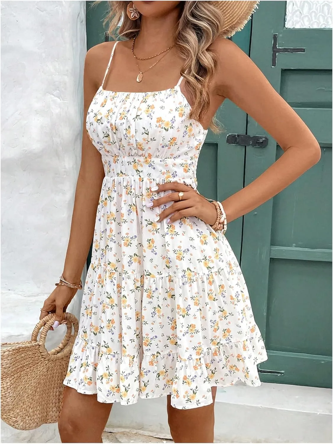 MakeMeChic Women's Floral Print Ruched Sleeveless Spaghetti Strap Summer Short Cami Dress