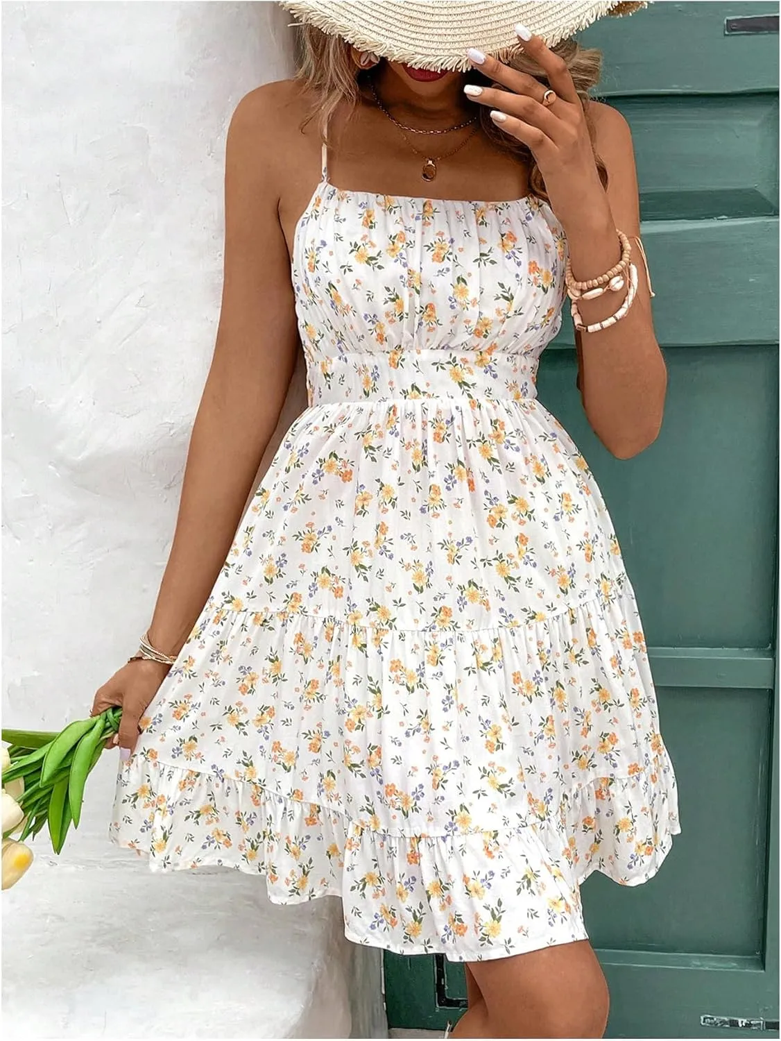 MakeMeChic Women's Floral Print Ruched Sleeveless Spaghetti Strap Summer Short Cami Dress