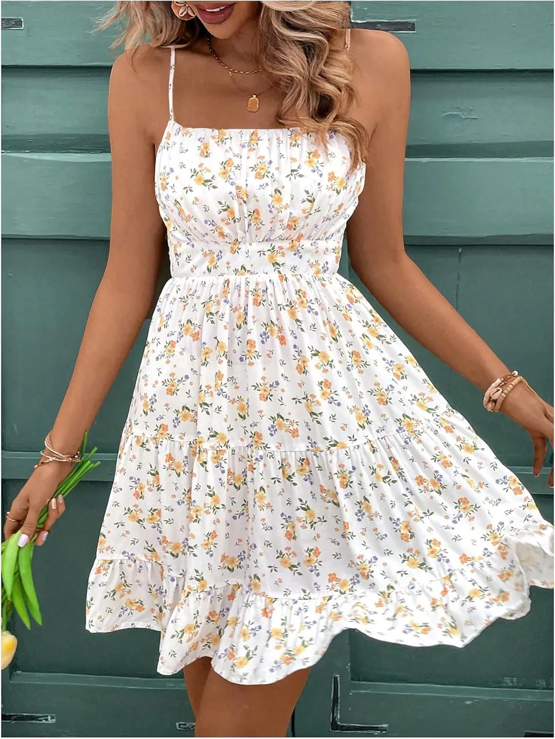 MakeMeChic Women's Floral Print Ruched Sleeveless Spaghetti Strap Summer Short Cami Dress