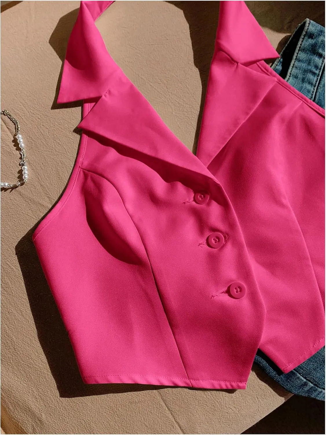 MakeMeChic Women's Halter Vest Tops Button Down Asymmetrical Hem V Neck Sleeveless Crop Vest