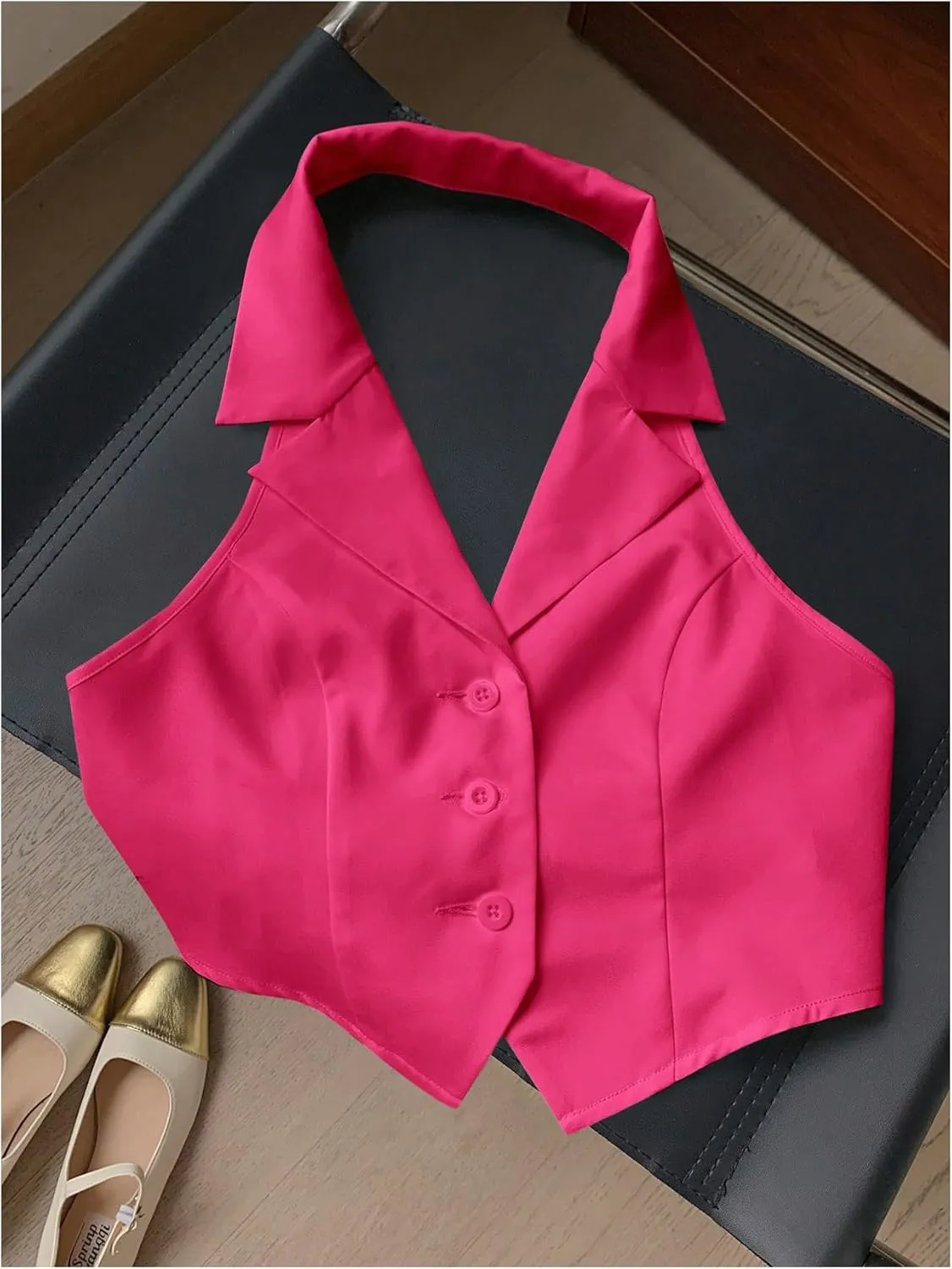 MakeMeChic Women's Halter Vest Tops Button Down Asymmetrical Hem V Neck Sleeveless Crop Vest