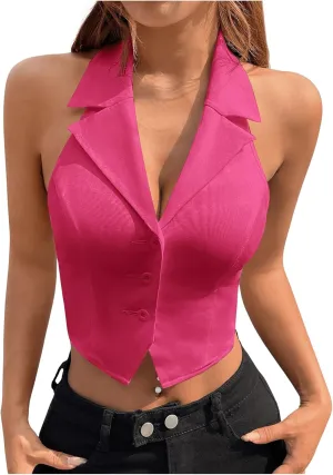 MakeMeChic Women's Halter Vest Tops Button Down Asymmetrical Hem V Neck Sleeveless Crop Vest