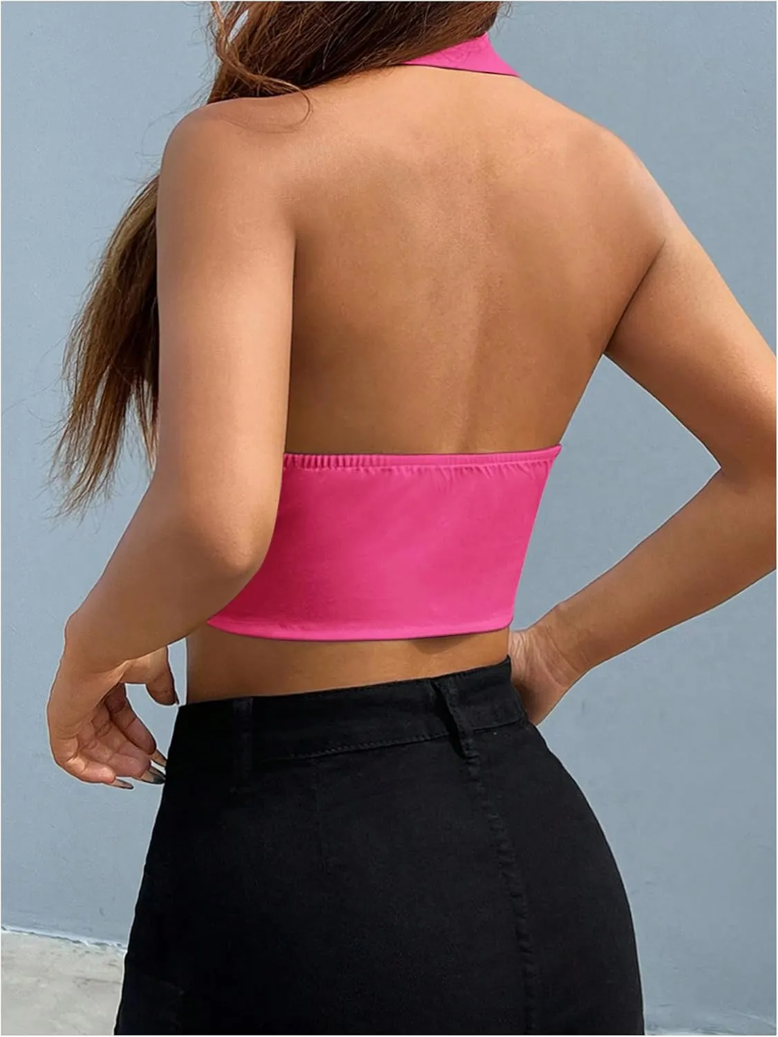 MakeMeChic Women's Halter Vest Tops Button Down Asymmetrical Hem V Neck Sleeveless Crop Vest