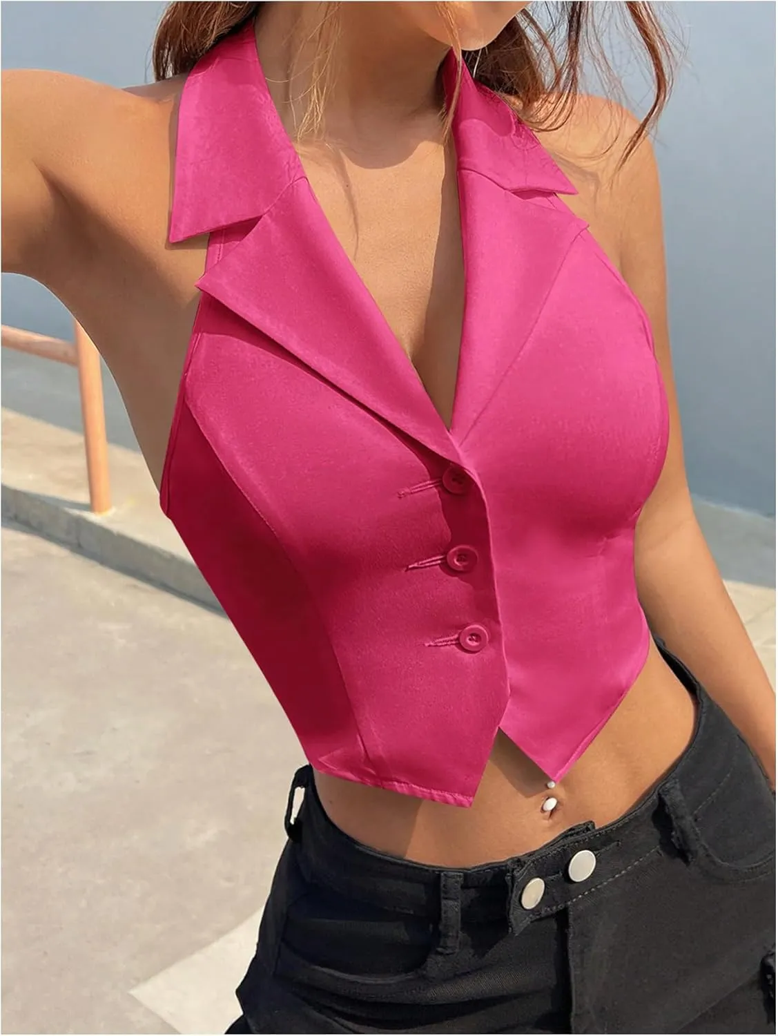 MakeMeChic Women's Halter Vest Tops Button Down Asymmetrical Hem V Neck Sleeveless Crop Vest