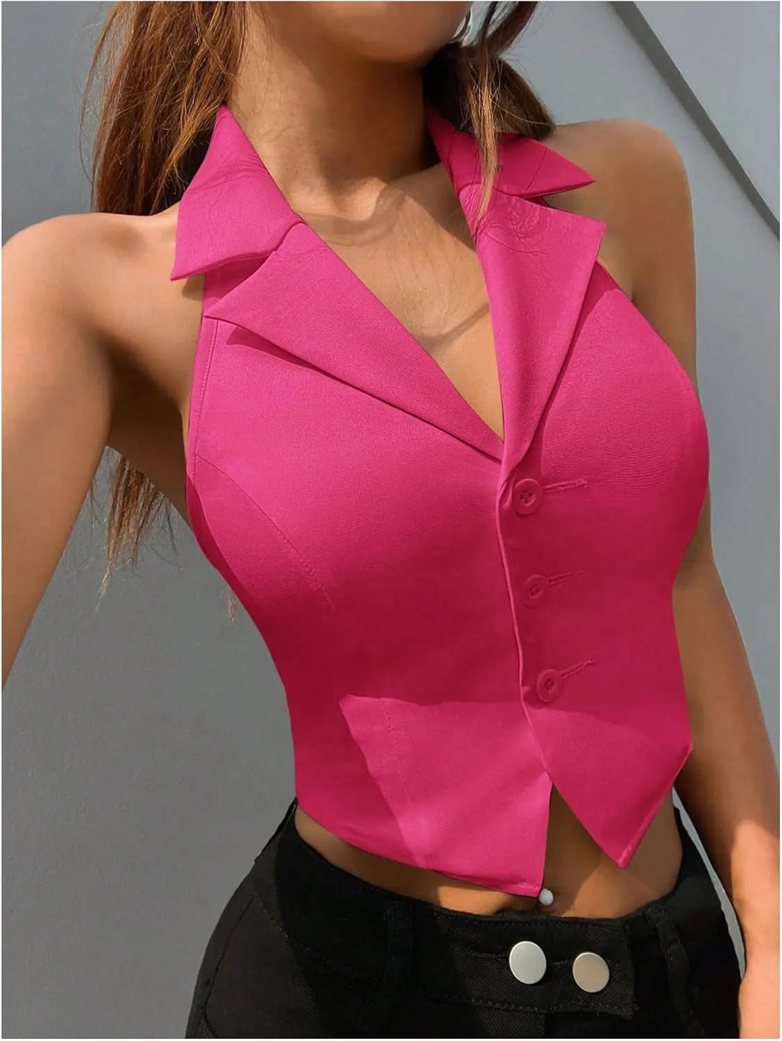 MakeMeChic Women's Halter Vest Tops Button Down Asymmetrical Hem V Neck Sleeveless Crop Vest