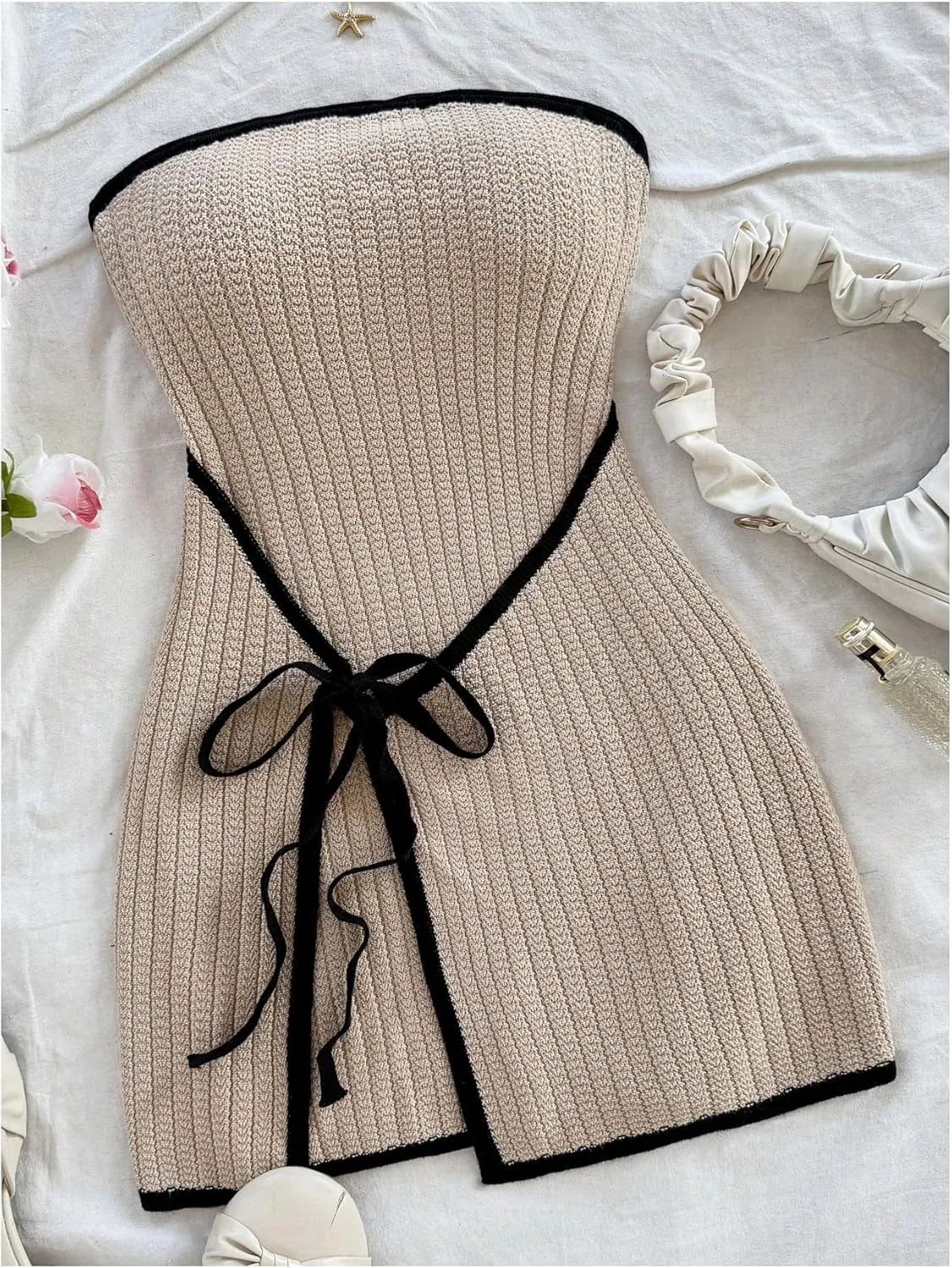 MakeMeChic Women's Knitted Strapless Dress Wrap Tie Front Sleeveless Bodycon Mini Tube Dresses