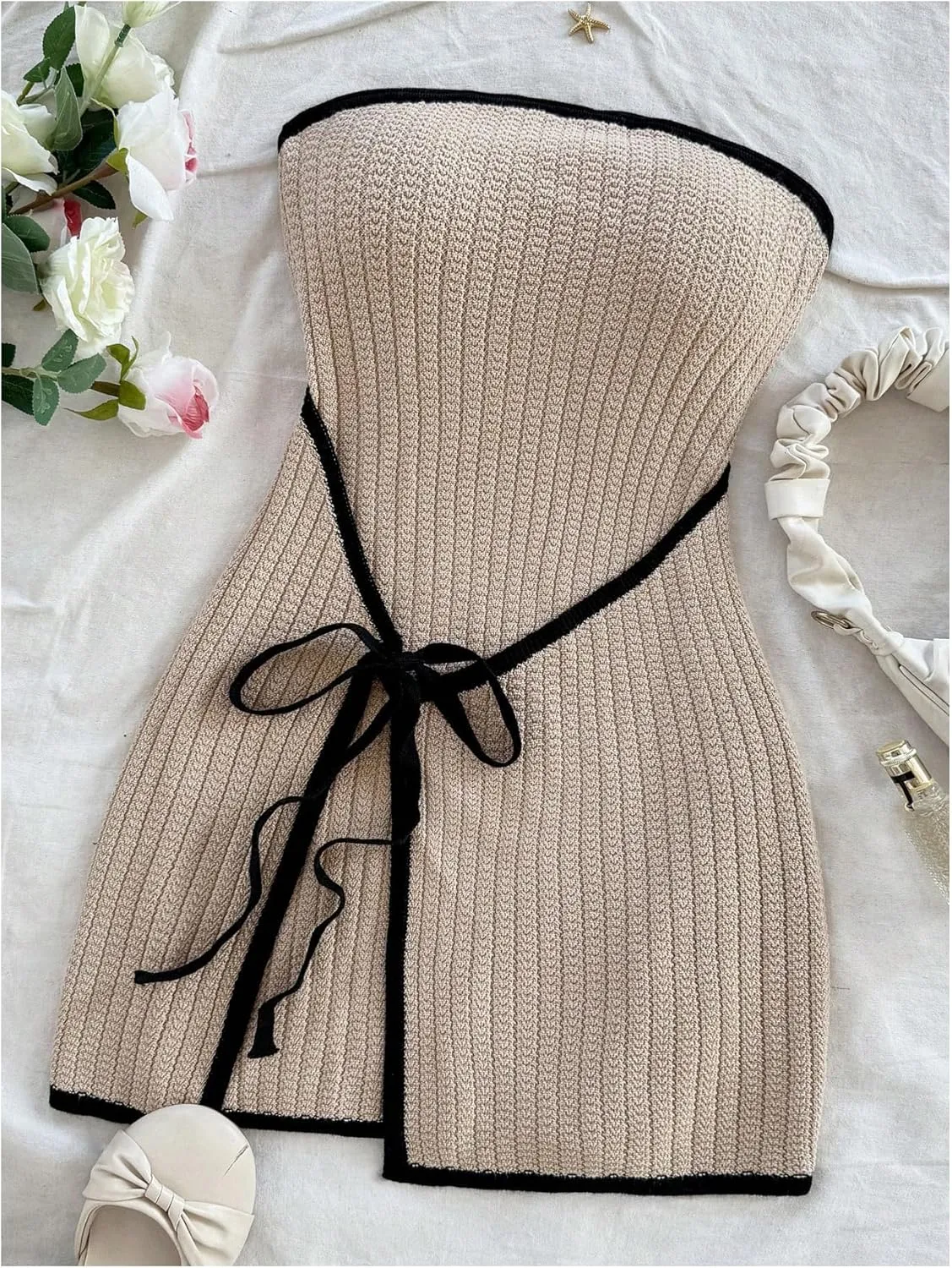 MakeMeChic Women's Knitted Strapless Dress Wrap Tie Front Sleeveless Bodycon Mini Tube Dresses