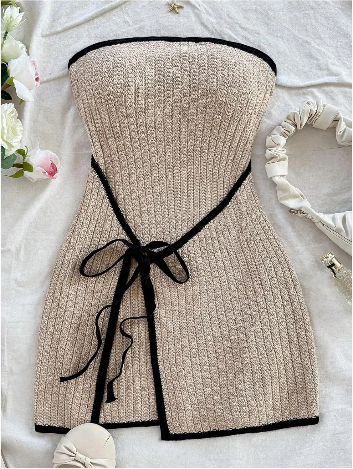 MakeMeChic Women's Knitted Strapless Dress Wrap Tie Front Sleeveless Bodycon Mini Tube Dresses