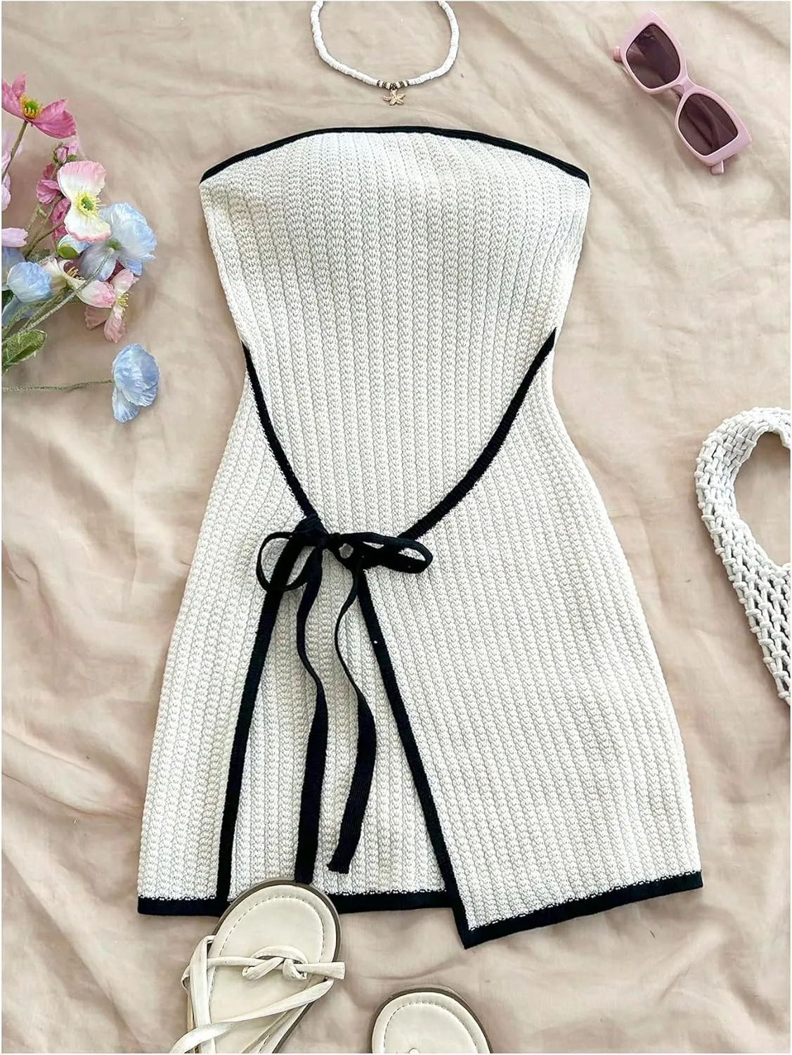 MakeMeChic Women's Knitted Strapless Dress Wrap Tie Front Sleeveless Bodycon Mini Tube Dresses