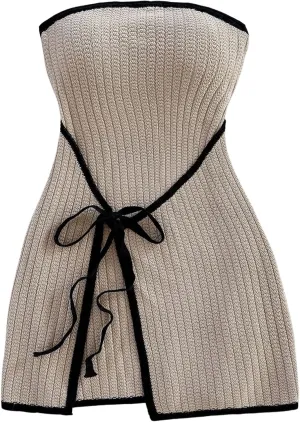 MakeMeChic Women's Knitted Strapless Dress Wrap Tie Front Sleeveless Bodycon Mini Tube Dresses