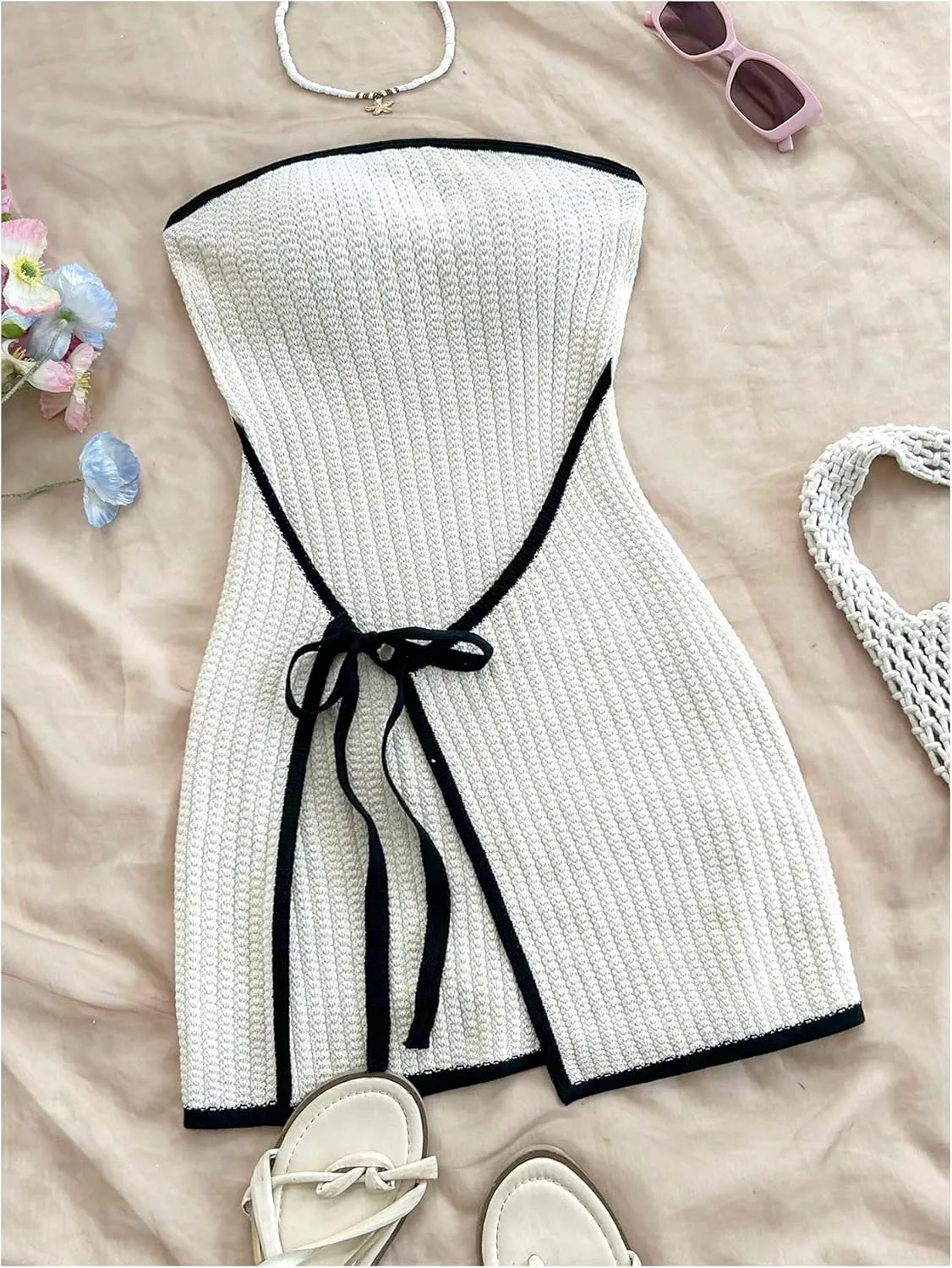 MakeMeChic Women's Knitted Strapless Dress Wrap Tie Front Sleeveless Bodycon Mini Tube Dresses