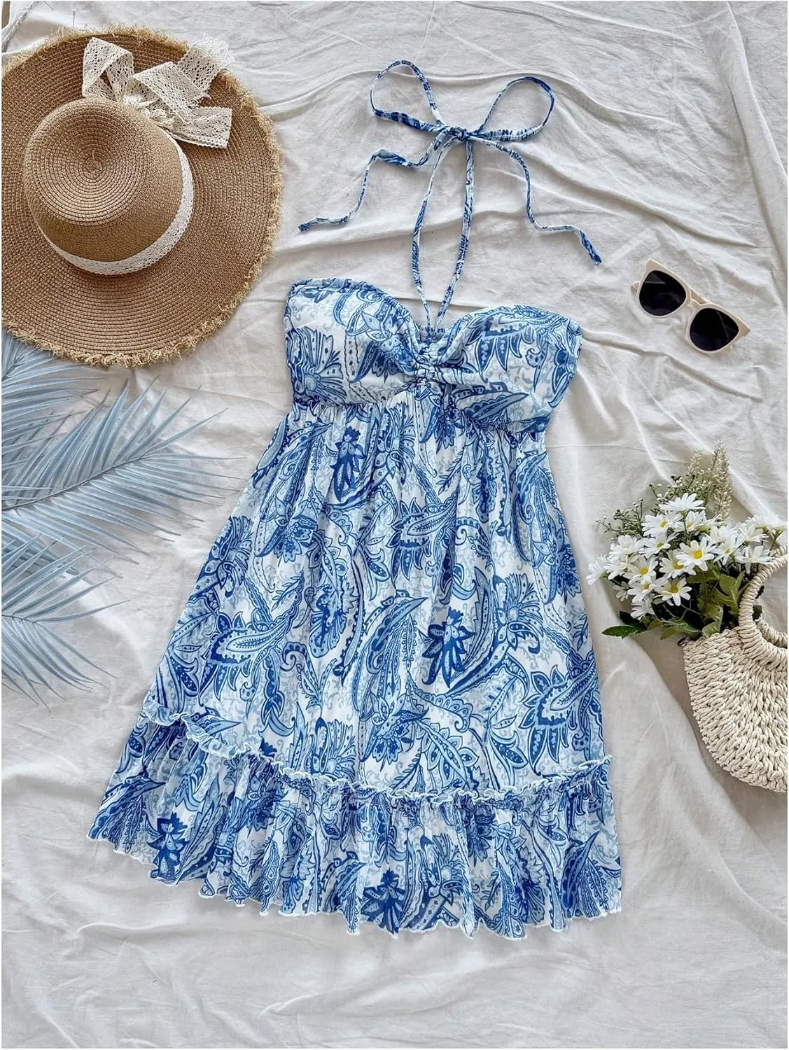MakeMeChic Women's Paisley Print Halter Tie Back Sleeveless Ruched A Line Mini Dress
