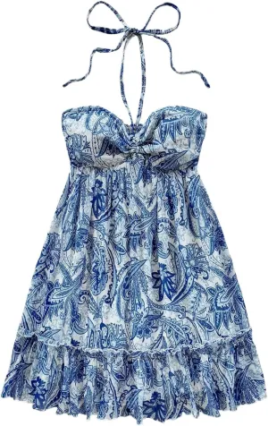 MakeMeChic Women's Paisley Print Halter Tie Back Sleeveless Ruched A Line Mini Dress