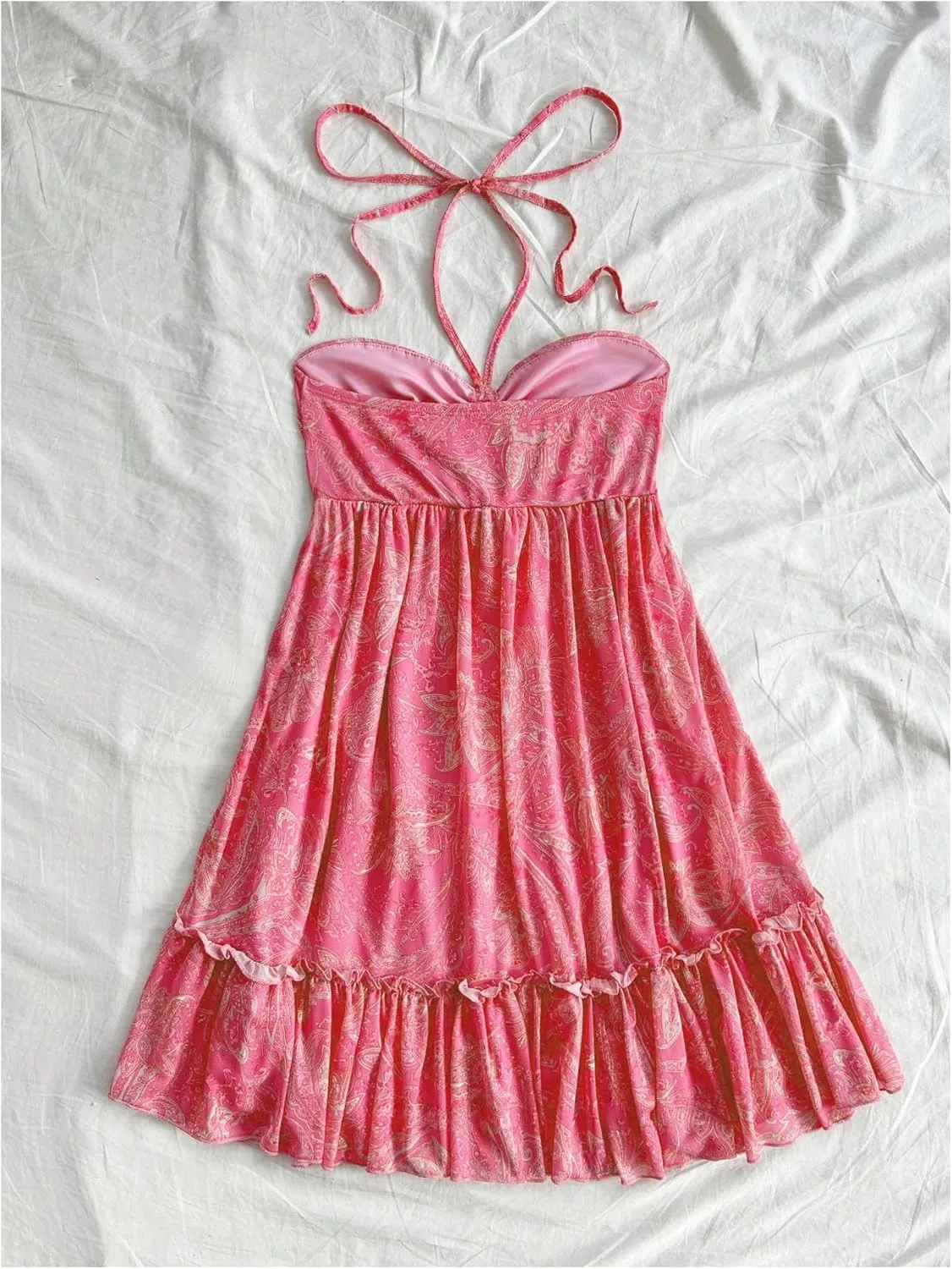 MakeMeChic Women's Paisley Print Halter Tie Back Sleeveless Ruched A Line Mini Dress