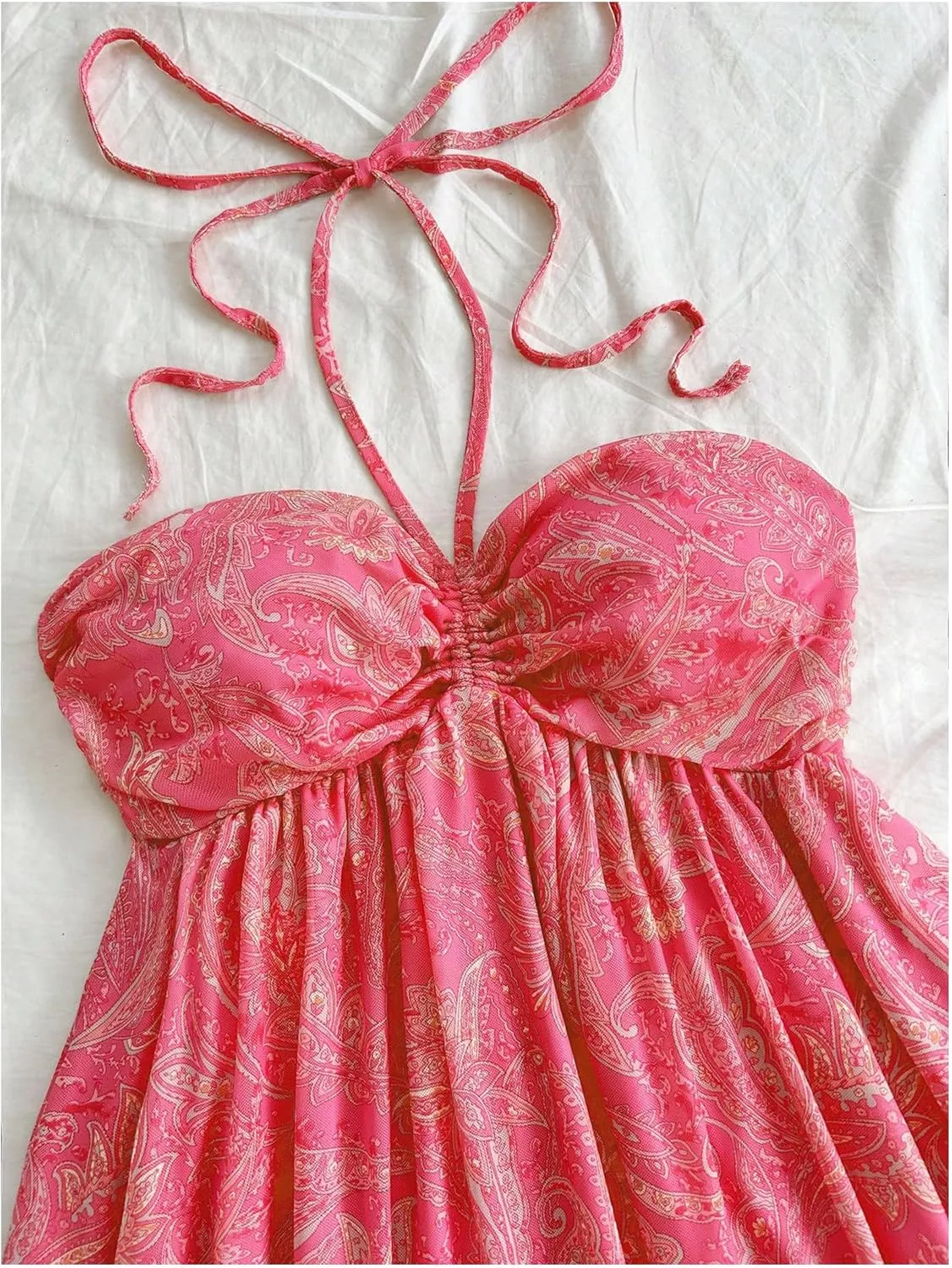 MakeMeChic Women's Paisley Print Halter Tie Back Sleeveless Ruched A Line Mini Dress