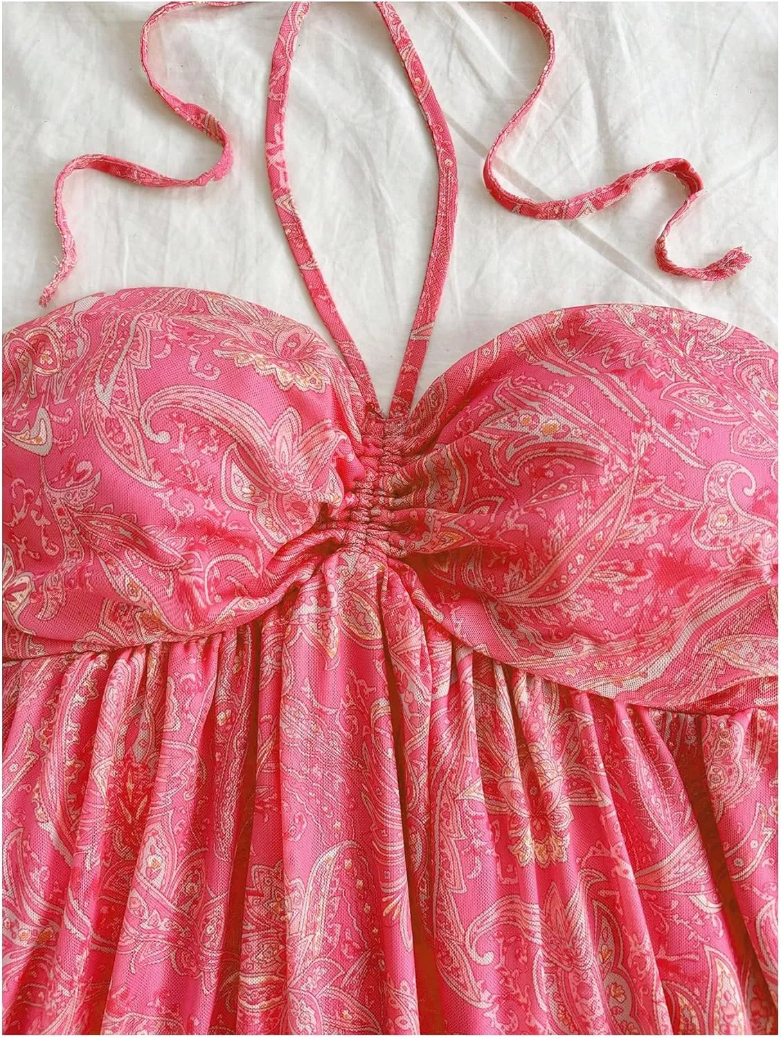 MakeMeChic Women's Paisley Print Halter Tie Back Sleeveless Ruched A Line Mini Dress