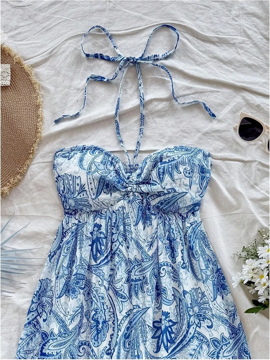 MakeMeChic Women's Paisley Print Halter Tie Back Sleeveless Ruched A Line Mini Dress