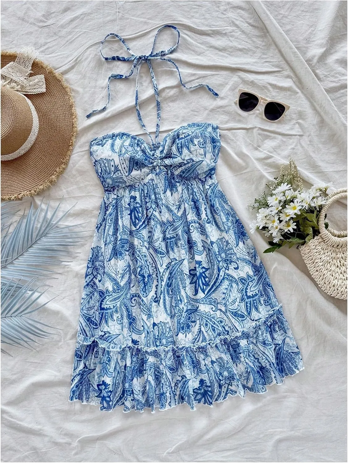 MakeMeChic Women's Paisley Print Halter Tie Back Sleeveless Ruched A Line Mini Dress