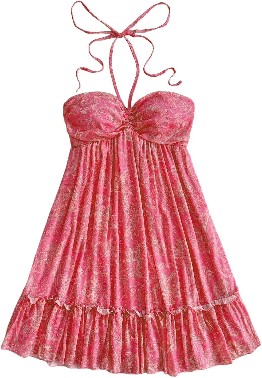 MakeMeChic Women's Paisley Print Halter Tie Back Sleeveless Ruched A Line Mini Dress