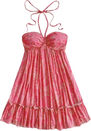 MakeMeChic Women's Paisley Print Halter Tie Back Sleeveless Ruched A Line Mini Dress