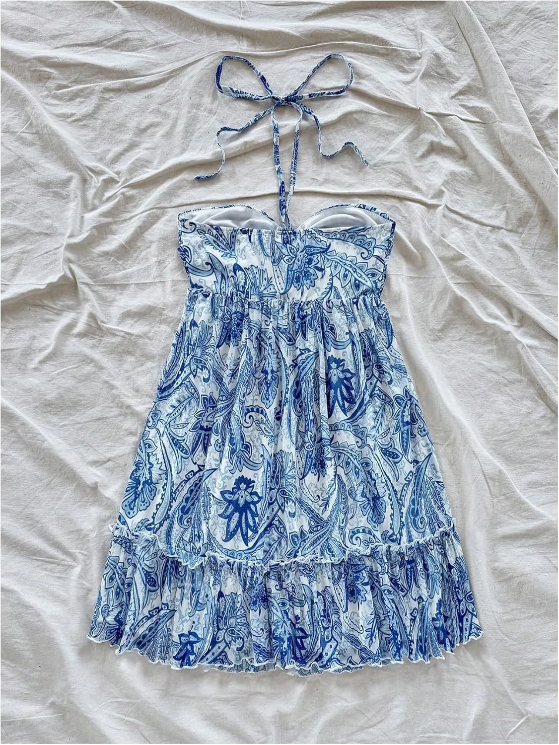 MakeMeChic Women's Paisley Print Halter Tie Back Sleeveless Ruched A Line Mini Dress