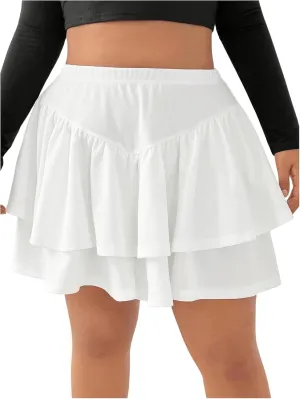 MakeMeChic Women's Plus Size Mini Skirt Ruffle Tiered Loose Fit A Line Short Skorts