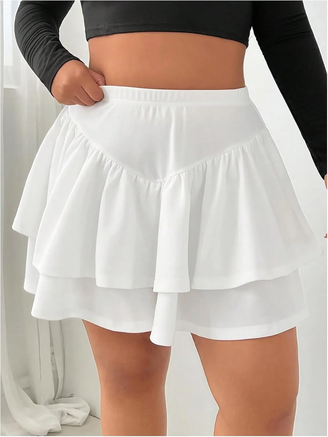 MakeMeChic Women's Plus Size Mini Skirt Ruffle Tiered Loose Fit A Line Short Skorts