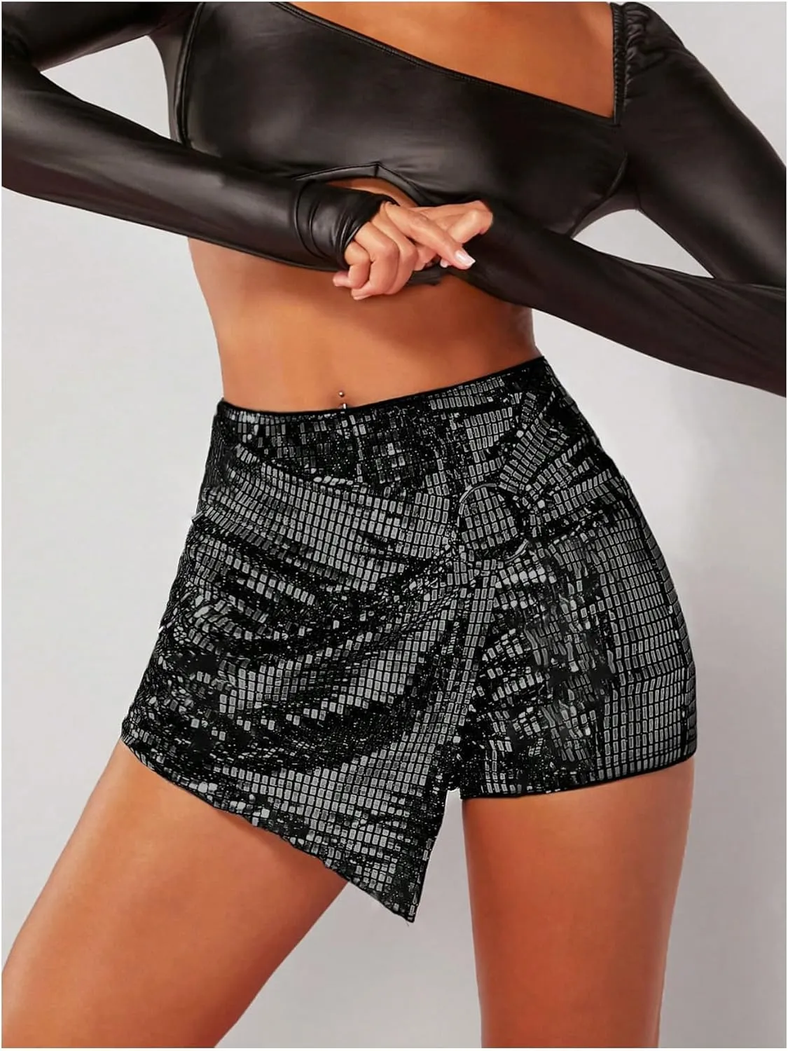 MakeMeChic Women's Sequin Skort Metallic Ring Linked Wrap Front Y2K Rave Sparkly Shorts Skorts